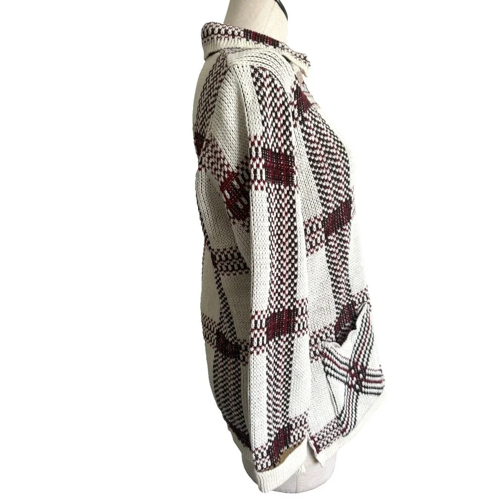 Sturbridge Women’s Plaid Knit Cardigan Sweater Beige Maroon Button Front XL